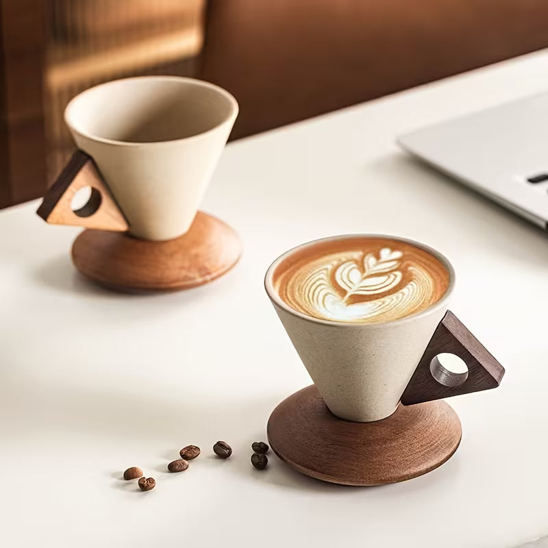 Xícara Cerâmica Latte Art Cafetto 100/250ml – Cabo de Madeira + Suporte Premium