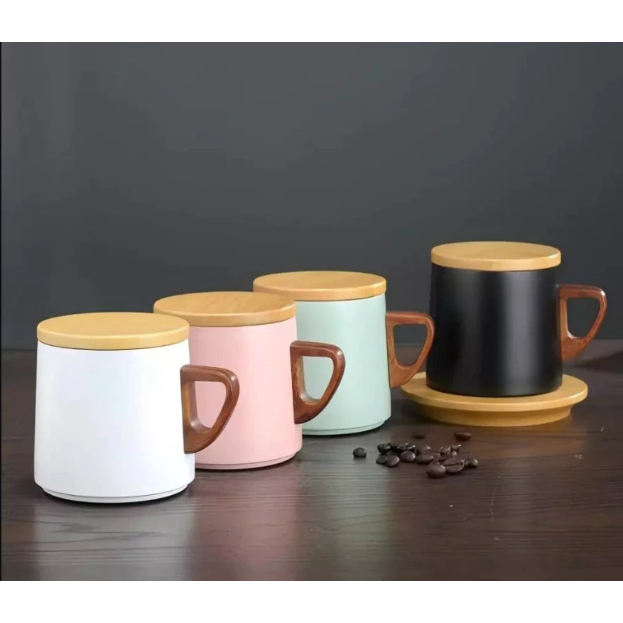 Xícara Térmica com Tampa Cafetto – Porcelana Premium com Pires de Madeira