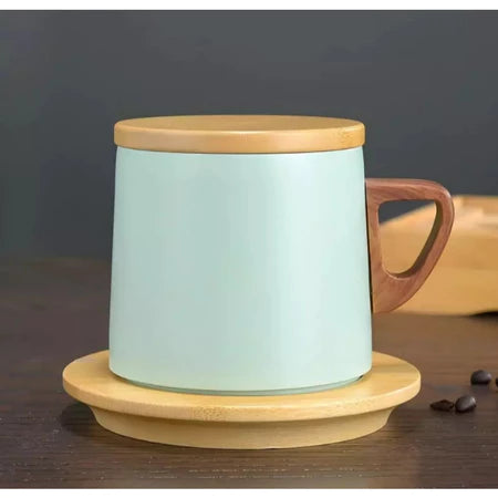 Xícara Térmica com Tampa Cafetto – Porcelana Premium com Pires de Madeira