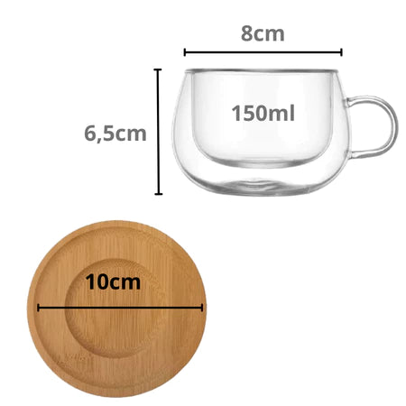 Conjunto 2 Xícaras Vidro Duplo Cafetto 150ml + Pires de Bambu – Térmico e Elegante