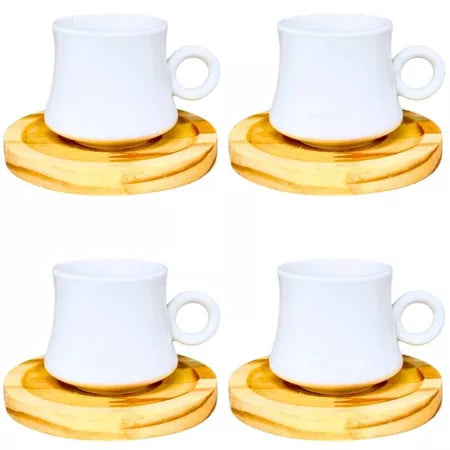 Jogo 4 Xícaras Porcelana 60ml Cafetto + Pires de Madeira – Elegante e Premium