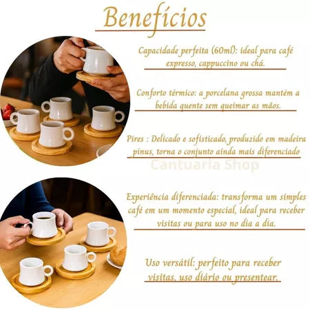 Jogo 4 Xícaras Porcelana 60ml Cafetto + Pires de Madeira – Elegante e Premium