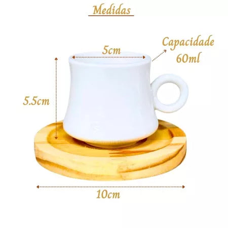 Jogo 4 Xícaras Porcelana 60ml Cafetto + Pires de Madeira – Elegante e Premium