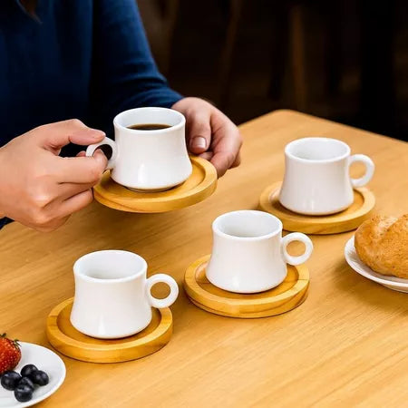 Jogo 4 Xícaras Porcelana 60ml Cafetto + Pires de Madeira – Elegante e Premium