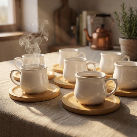 Jogo 6 Xícaras Porcelana 150ml Cafetto + Pires de Bambu – Elegante e Completo