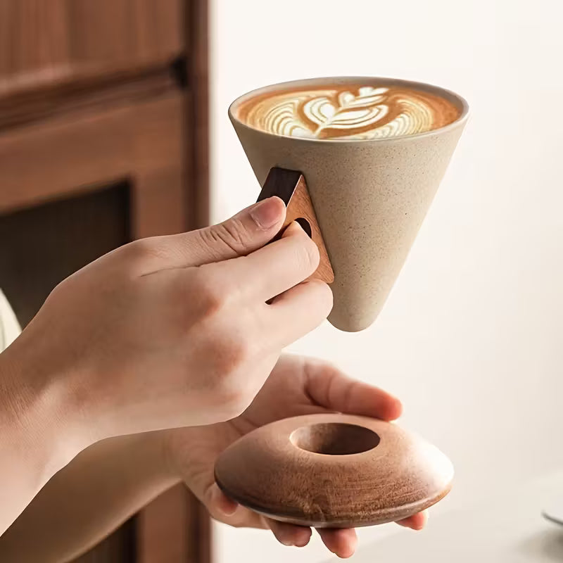 Xícara Cerâmica Latte Art Cafetto 100/250ml – Cabo de Madeira + Suporte Premium