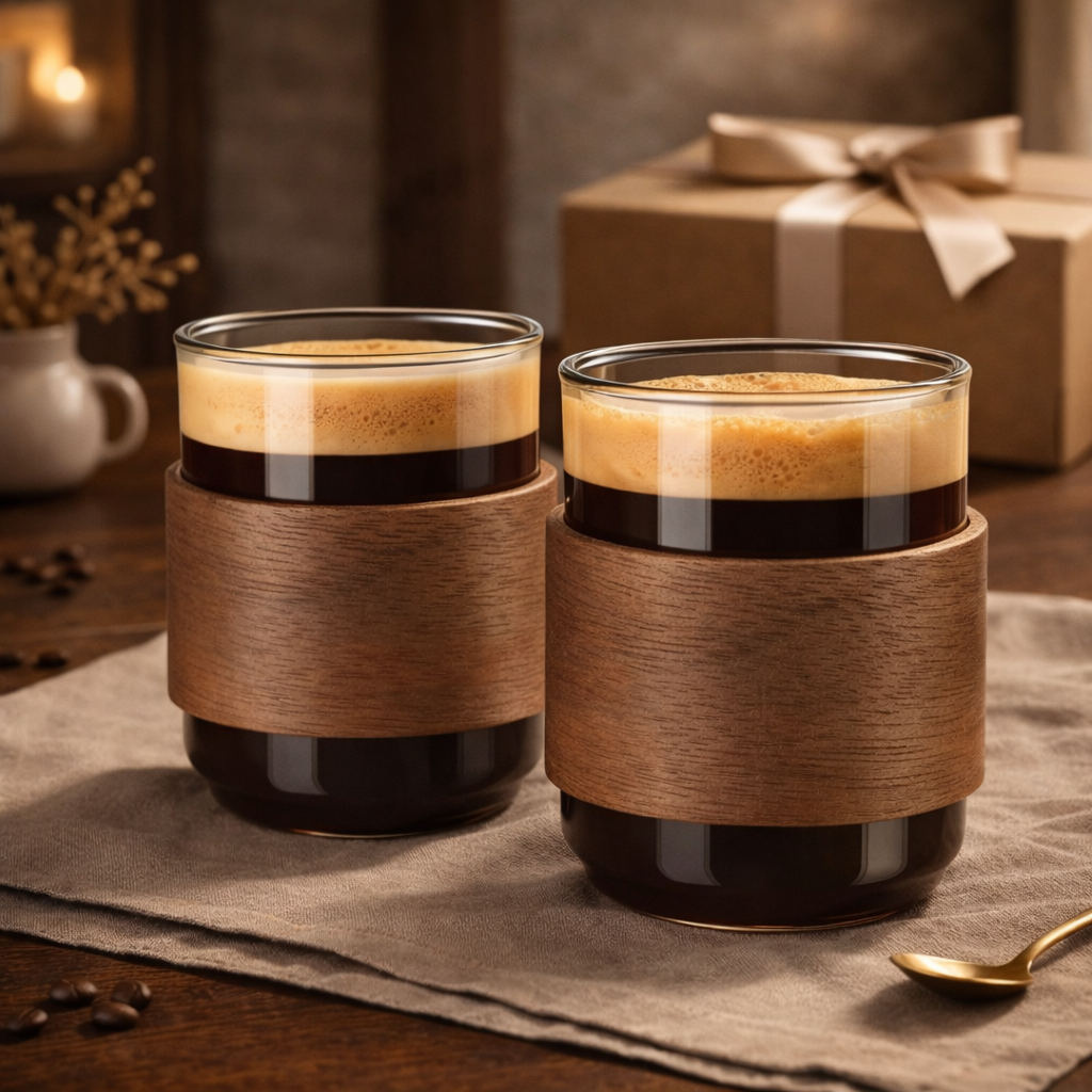 Conjunto 2 Xícaras de Vidro Cafetto – Isolamento Térmico com Anel de Madeira