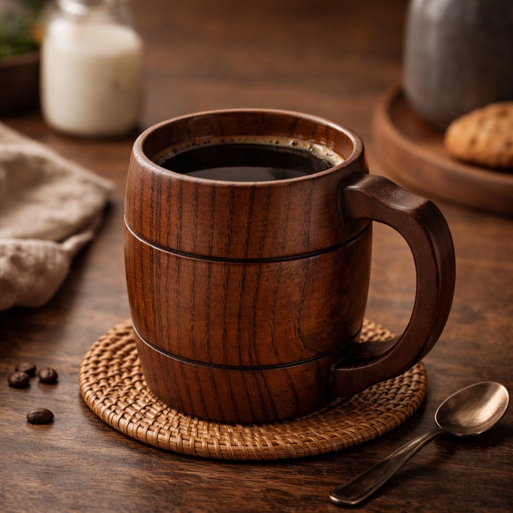 Caneca de Madeira Artesanal 400ml | Estilo Rústico Premium Cafetto