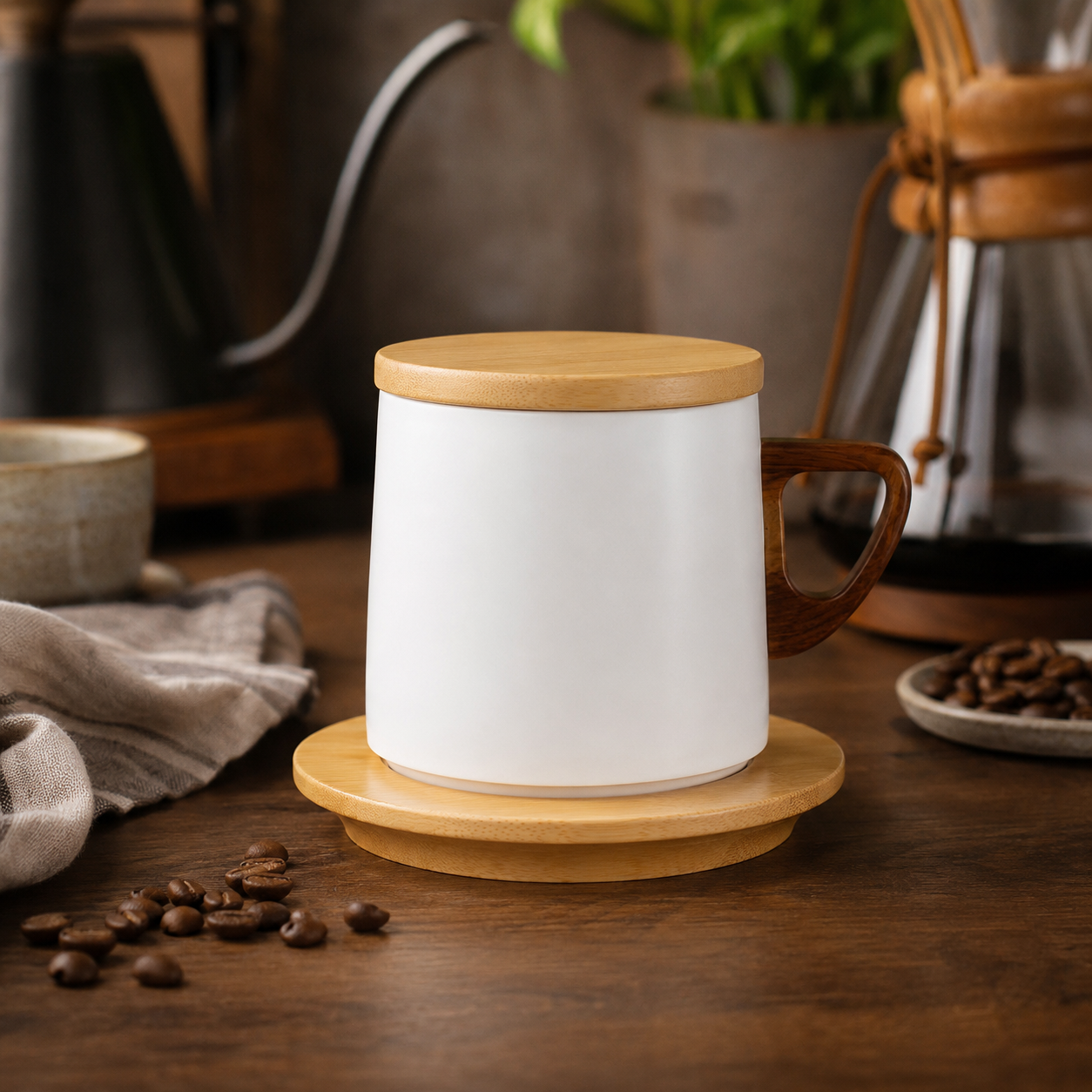 Xícara Térmica com Tampa Cafetto – Porcelana Premium com Pires de Madeira