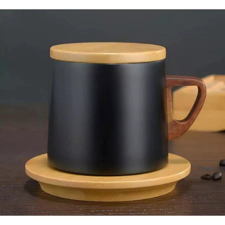 Xícara Térmica com Tampa Cafetto – Porcelana Premium com Pires de Madeira