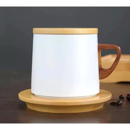 Xícara Térmica com Tampa Cafetto – Porcelana Premium com Pires de Madeira