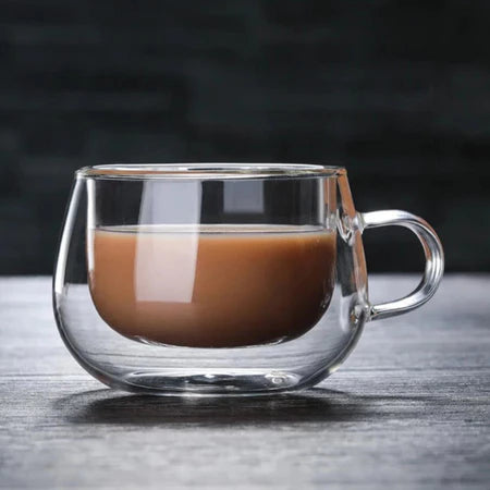 Conjunto 2 Xícaras Vidro Duplo Cafetto 150ml + Pires de Bambu – Térmico e Elegante