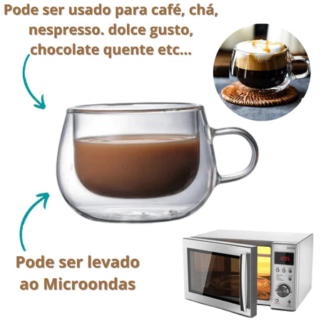 Conjunto 2 Xícaras Vidro Duplo Cafetto 150ml + Pires de Bambu – Térmico e Elegante