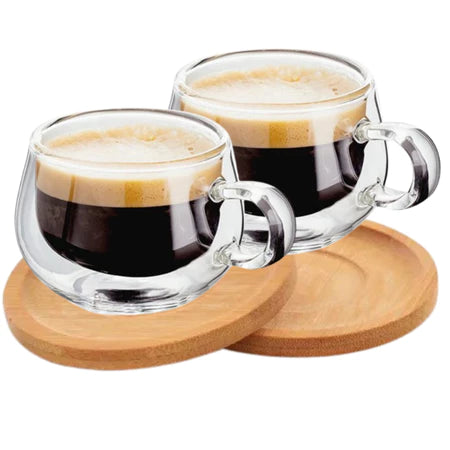Conjunto 2 Xícaras Vidro Duplo Cafetto 150ml + Pires de Bambu – Térmico e Elegante