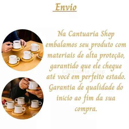 Jogo 4 Xícaras Porcelana 60ml Cafetto + Pires de Madeira – Elegante e Premium