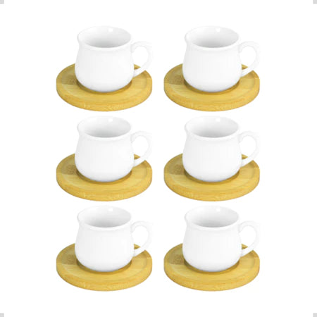 Jogo 6 Xícaras Porcelana 150ml Cafetto + Pires de Bambu – Elegante e Completo