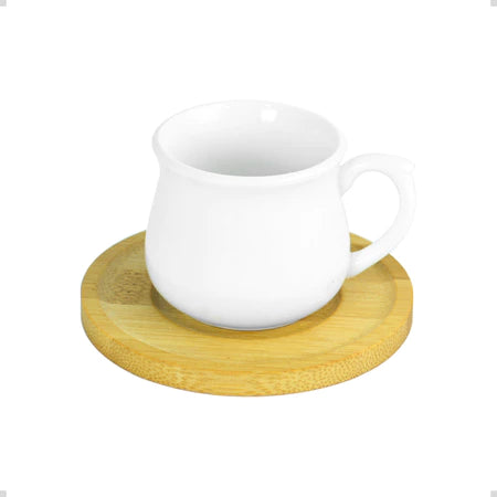 Jogo 6 Xícaras Porcelana 150ml Cafetto + Pires de Bambu – Elegante e Completo