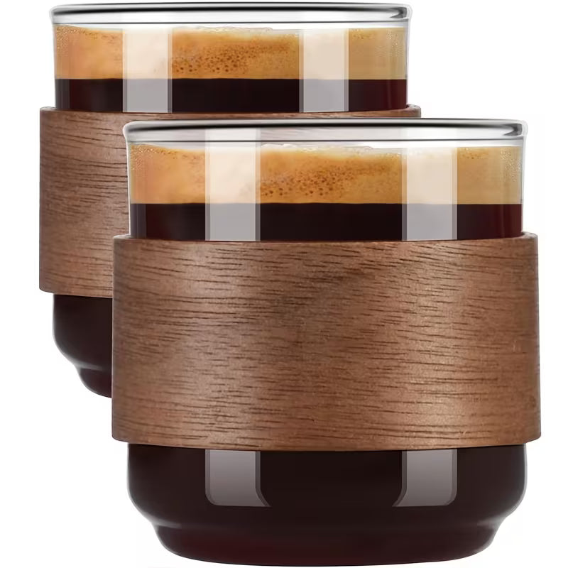 Conjunto 2 Xícaras de Vidro Cafetto – Isolamento Térmico com Anel de Madeira