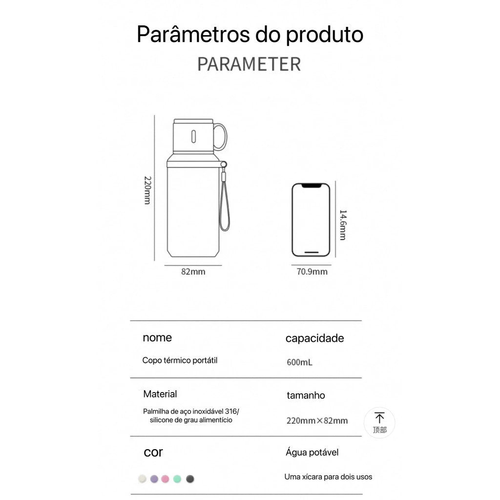 Copo Térmico 600ml Inox 316 2 em 1 com Tampa | Portátil Quente e Frio – Cafetto